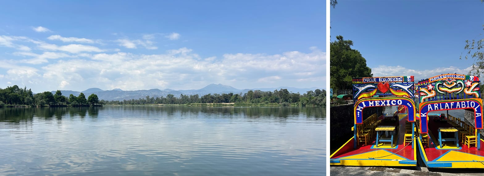Left: View of Xochimilco; Right: Trajinera boats at Xochilmilco;